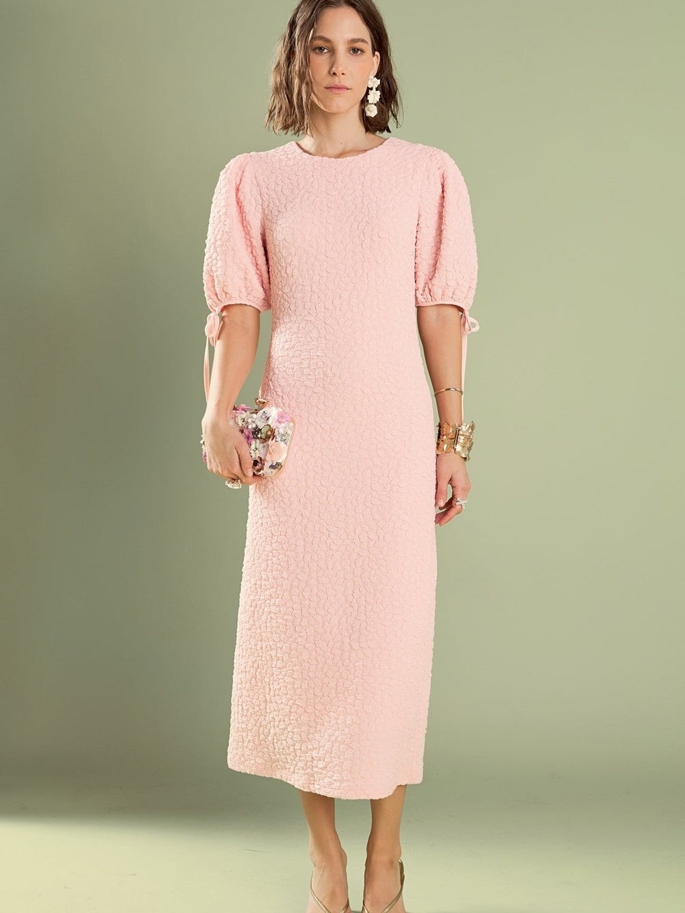 English Factory Soft Pink Textured Puff-Sleeve Midi Dress